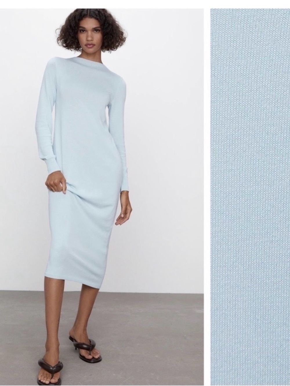 Zara Pale Blue Long Sleeve Knit Midi Dress NWT